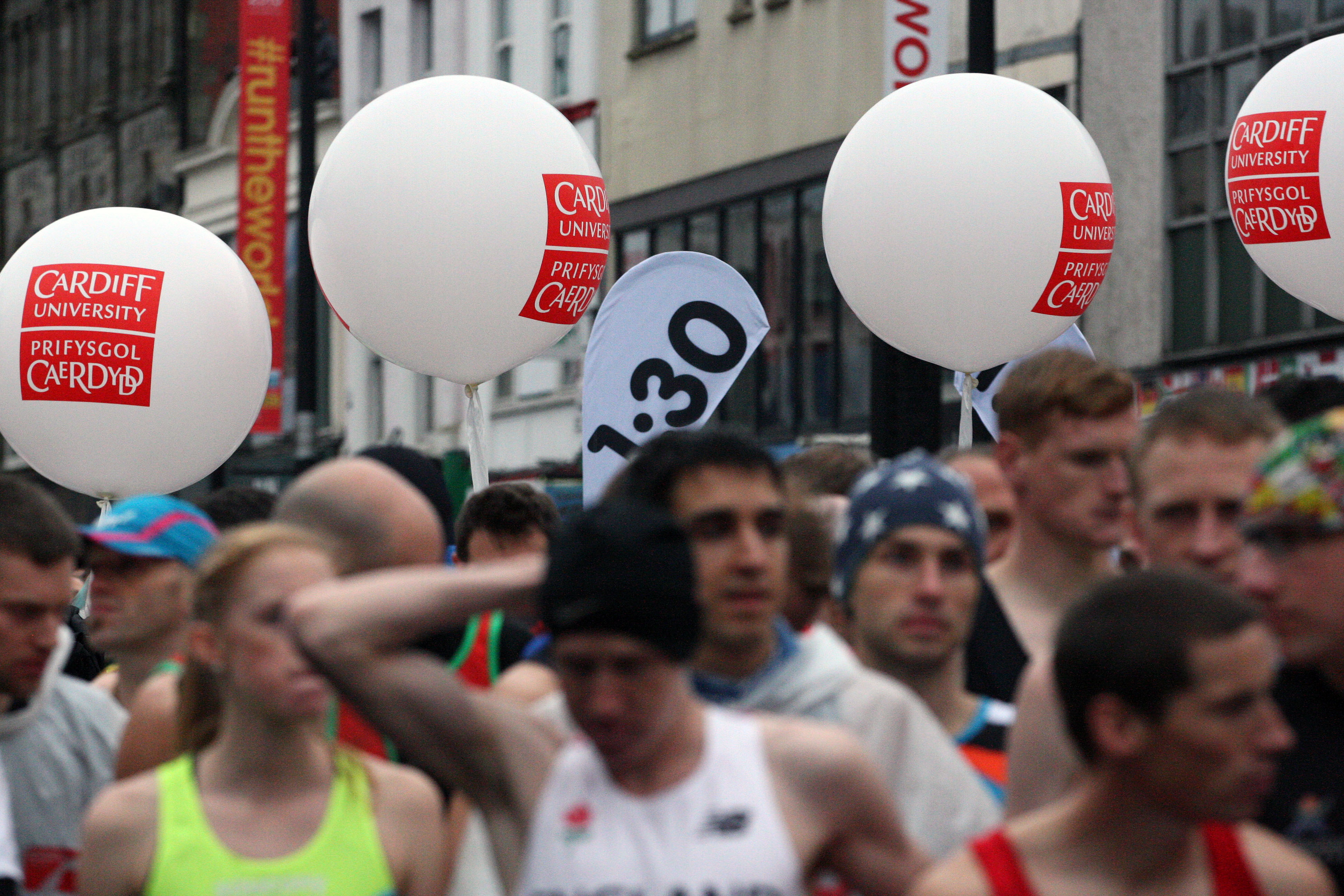 Cardiff University balloons at the World Half Marathon starting line