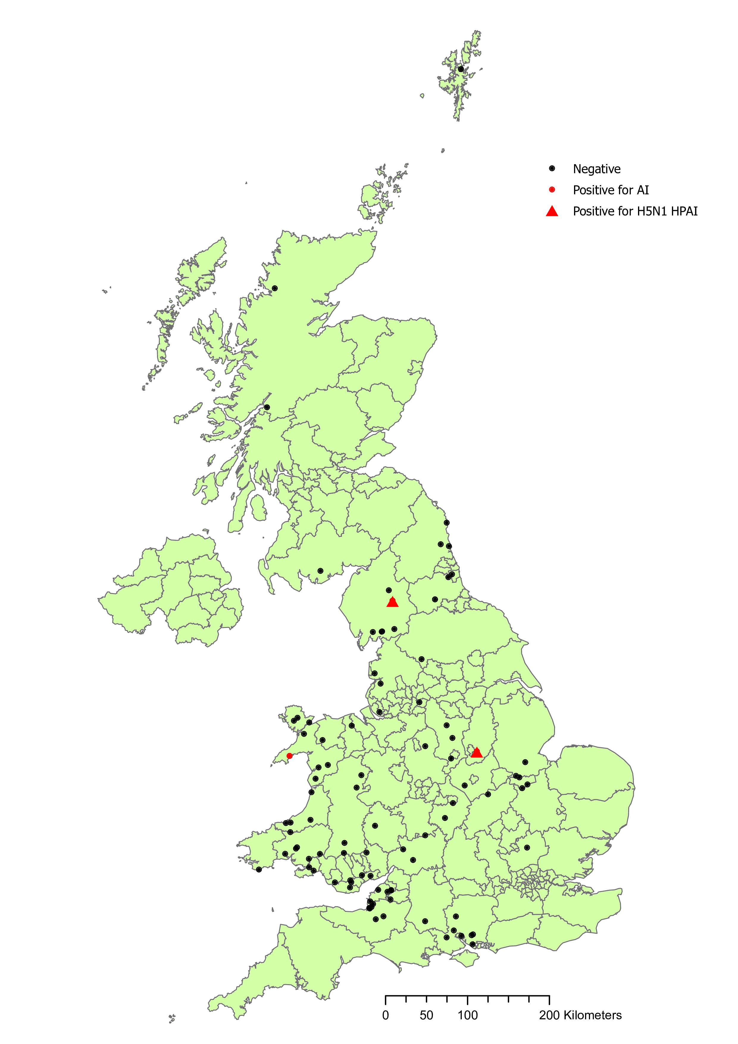 Map of dead otters tested for high pathology avian influenza up to May 2023.