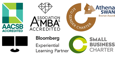 AASCB Accredited, AMBA Accredited, Athena Swan Bronze Award, Bloomberg Experimental Learning Partner and Small Business Charter logos