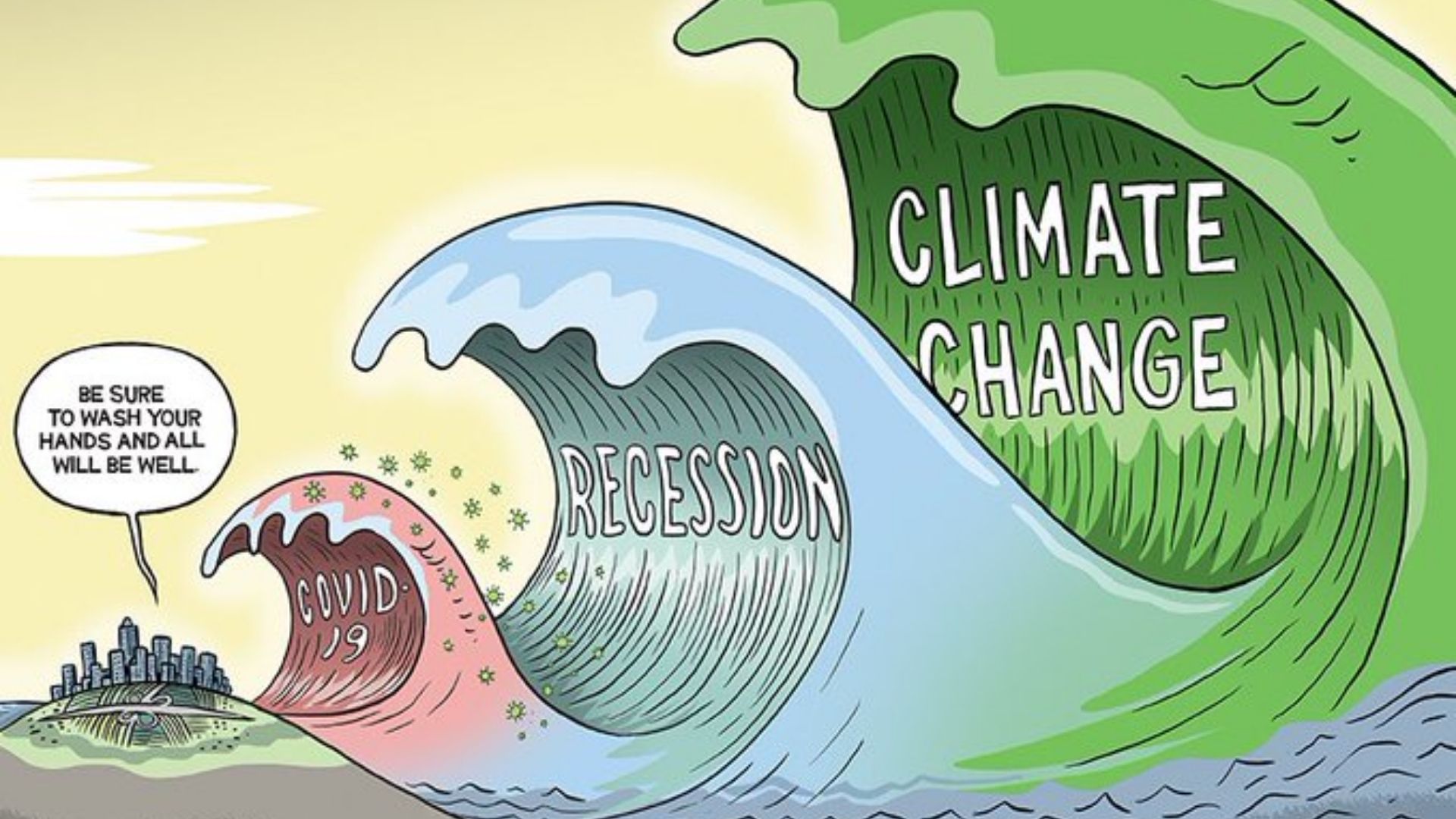 Graeme MacKay cartoon depicting subsequent waves of climate change, Brexit and COVID-19 