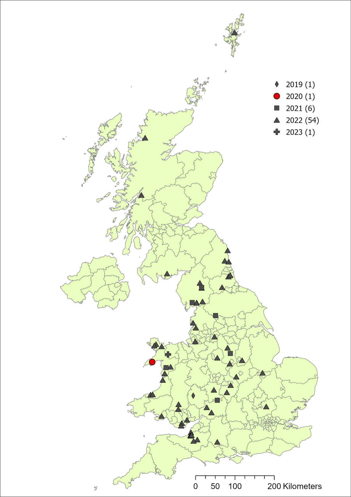 Map of otters tested for high pathology avian influenza